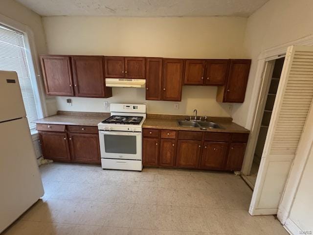 kitchen with white appliances, under cabinet range hood, and a sink