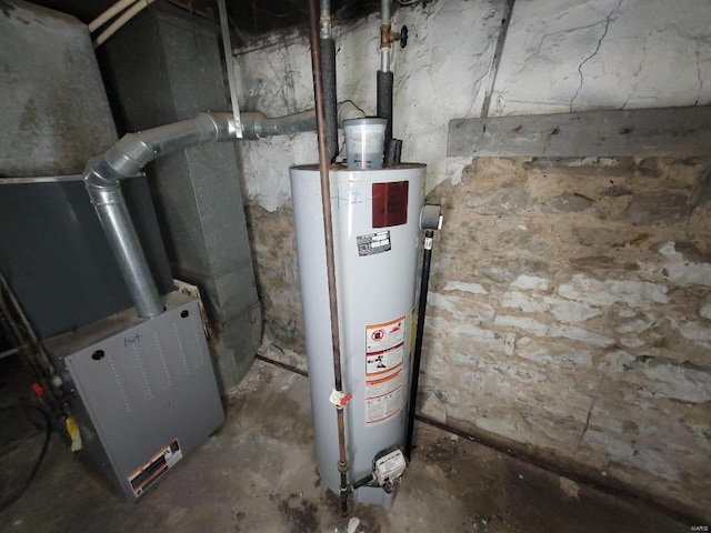 utility room with gas water heater and heating unit