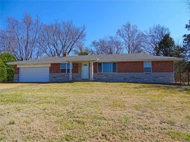 ranch-style home featuring an attached garage, a chimney, a front lawn, concrete driveway, and brick siding