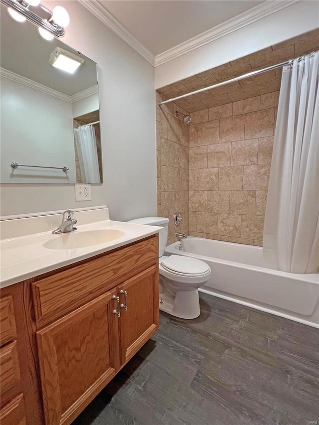 full bath featuring toilet, ornamental molding, wood finished floors, vanity, and shower / bathtub combination with curtain