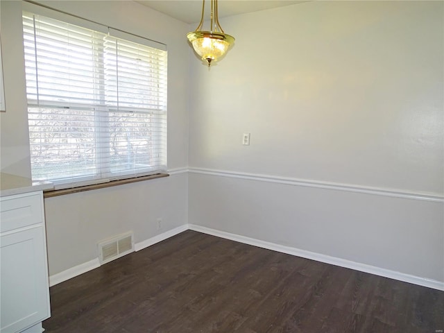 unfurnished dining area featuring visible vents, baseboards, and dark wood finished floors