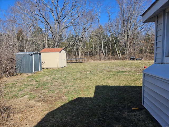 view of yard with a storage unit, a trampoline, and an outdoor structure