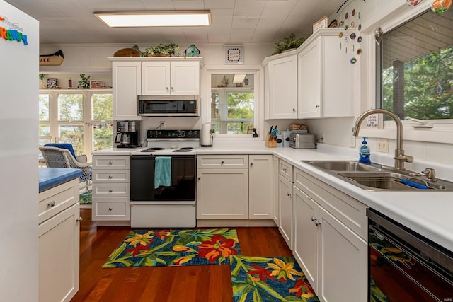 kitchen with dark wood finished floors, a sink, black dishwasher, range with electric stovetop, and stainless steel microwave