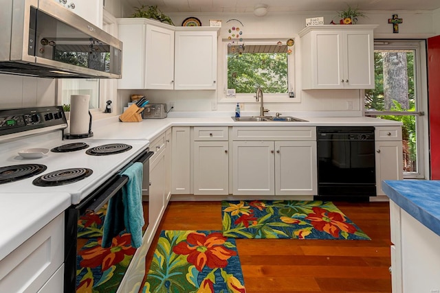 kitchen featuring a sink, stainless steel microwave, electric range oven, white cabinetry, and dishwasher