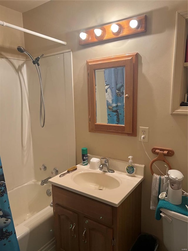 full bathroom with vanity and shower / bath combo with shower curtain