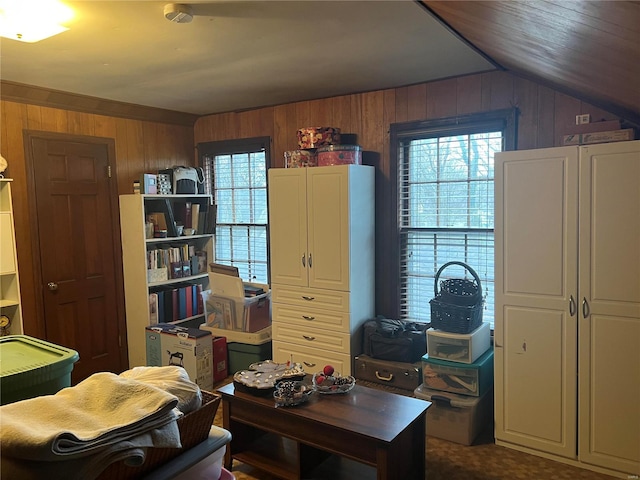 living area with lofted ceiling and wood walls