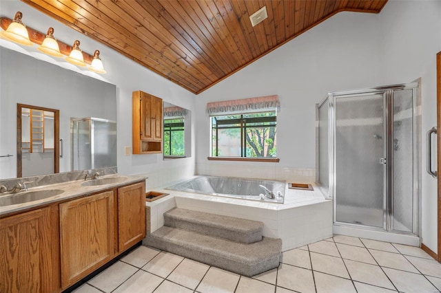 full bath with wood ceiling, a sink, tile patterned flooring, and a jetted tub