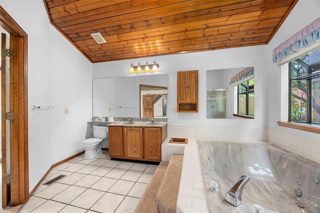 bathroom featuring a jetted tub, wooden ceiling, tile patterned floors, and lofted ceiling