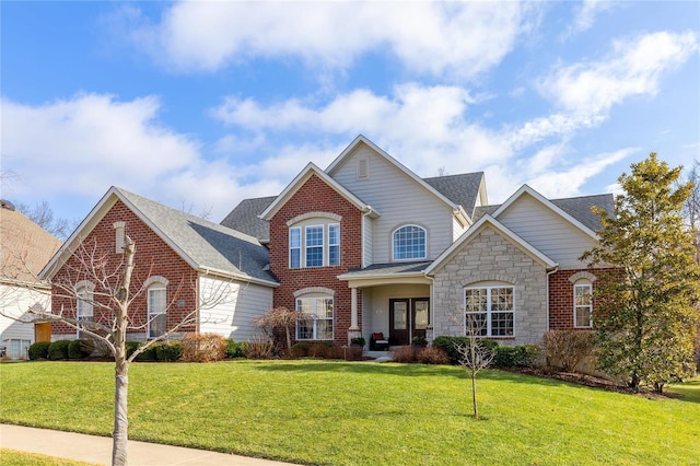 traditional home featuring a front lawn, a shingled roof, and brick siding