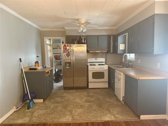 kitchen featuring white appliances, a ceiling fan, a sink, and gray cabinetry