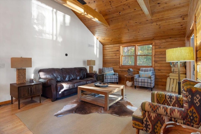 living room with wood finished floors, visible vents, high vaulted ceiling, beam ceiling, and wooden ceiling