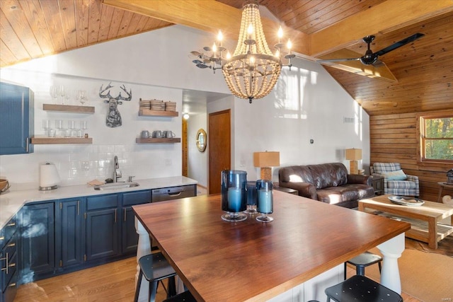 dining space with lofted ceiling with beams, light wood-type flooring, and wooden ceiling