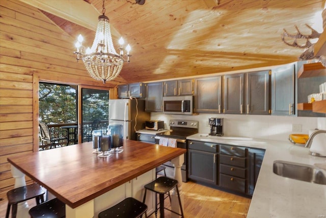 kitchen featuring a chandelier, wood ceiling, vaulted ceiling, appliances with stainless steel finishes, and a sink