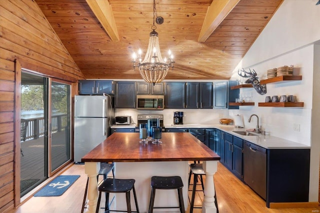 kitchen featuring butcher block countertops, lofted ceiling with beams, wooden ceiling, appliances with stainless steel finishes, and a sink