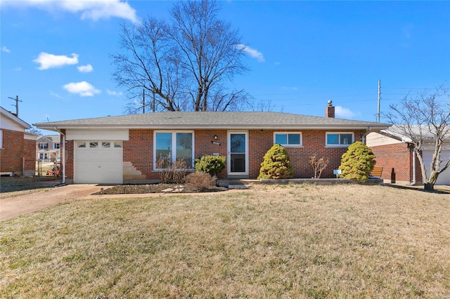 single story home with brick siding, a chimney, an attached garage, and a front yard