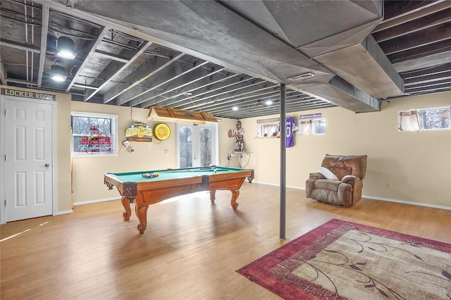 rec room with visible vents, baseboards, wood finished floors, and billiards