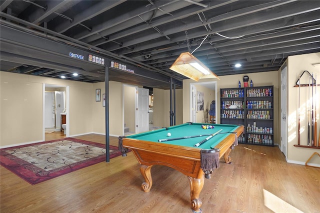 game room with baseboards, wood finished floors, and pool table