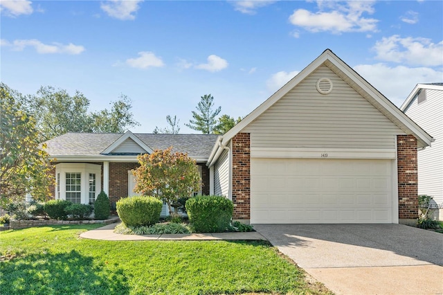 single story home with concrete driveway, a garage, brick siding, and a front yard