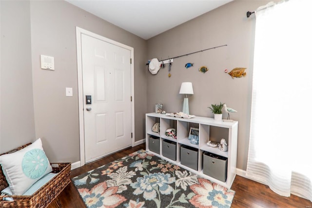 foyer with baseboards and wood finished floors