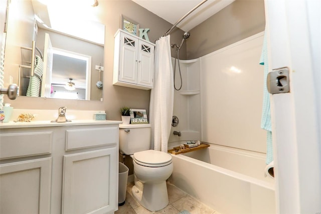 full bathroom with toilet, shower / tub combo, tile patterned flooring, and vanity