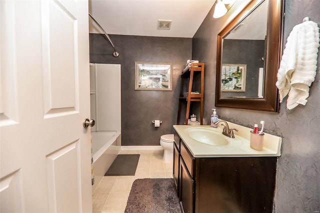 bathroom featuring shower / bathtub combination, visible vents, toilet, vanity, and tile patterned floors