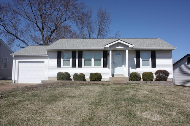 ranch-style house featuring a front lawn, driveway, a garage, and roof with shingles