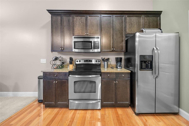 kitchen featuring light wood finished floors, dark brown cabinets, and appliances with stainless steel finishes