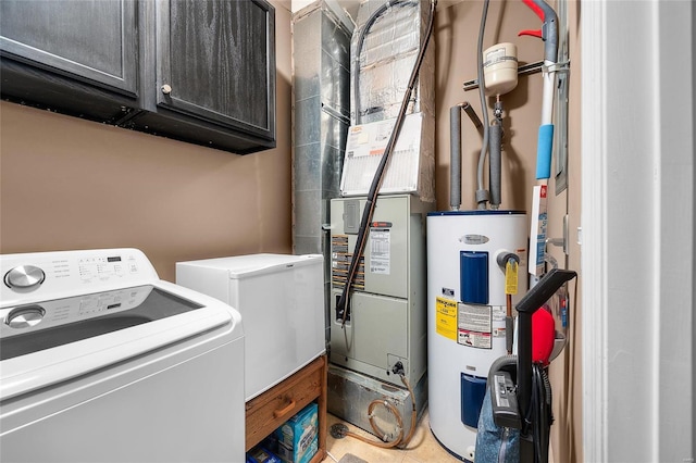 laundry room with separate washer and dryer, heating unit, cabinet space, and water heater