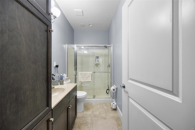 full bath with vanity, visible vents, a shower stall, tile patterned floors, and toilet