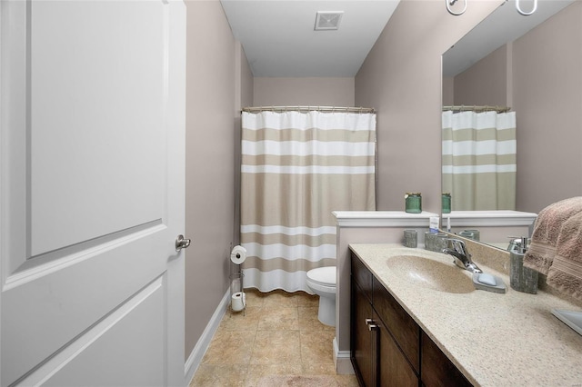 full bath with tile patterned floors, visible vents, toilet, baseboards, and vanity