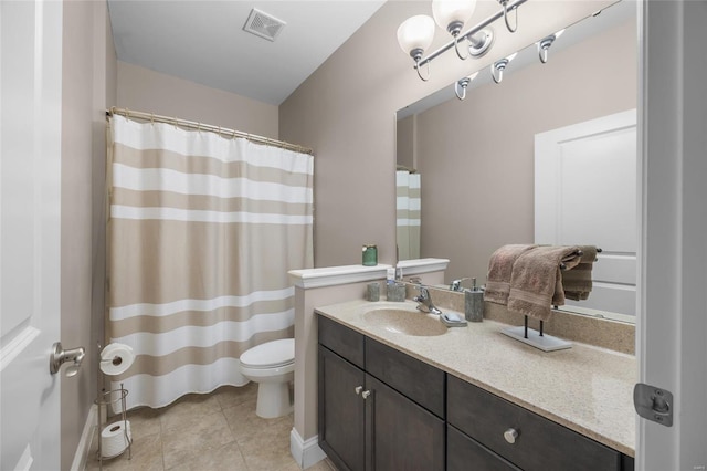 bathroom featuring visible vents, a shower with curtain, toilet, tile patterned flooring, and vanity