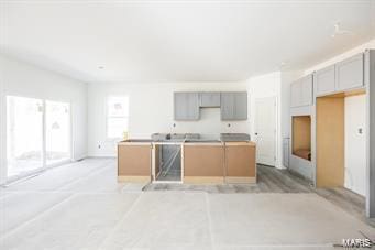 kitchen featuring gray cabinets and a center island