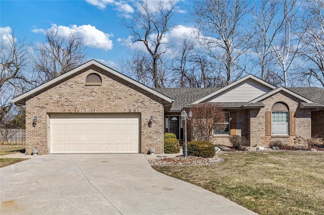 single story home featuring a garage, a front yard, concrete driveway, and brick siding