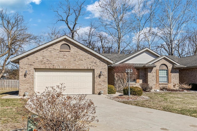 ranch-style home featuring brick siding, fence, driveway, and an attached garage