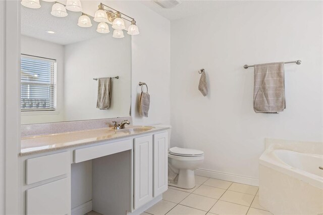 full bath featuring visible vents, toilet, tile patterned floors, a garden tub, and vanity