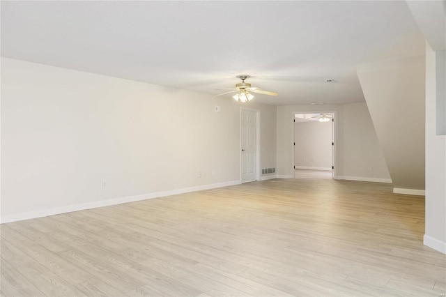 spare room with ceiling fan, light wood finished floors, visible vents, and baseboards