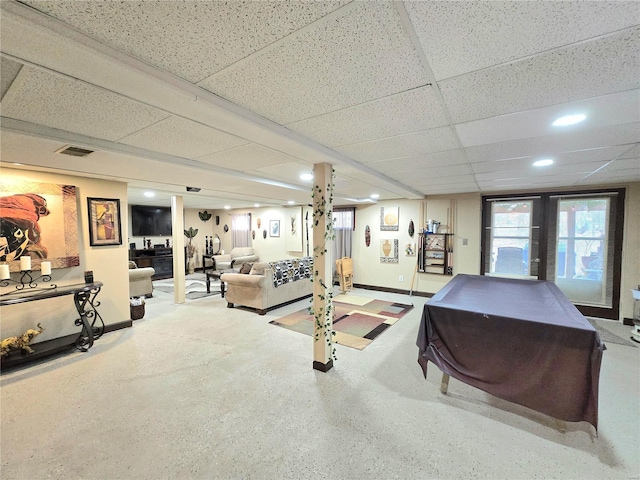 recreation room with a paneled ceiling, visible vents, baseboards, and recessed lighting