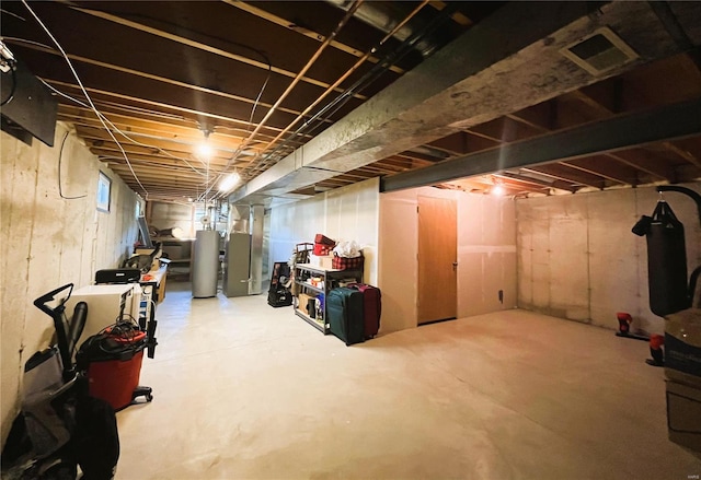 basement with visible vents and water heater