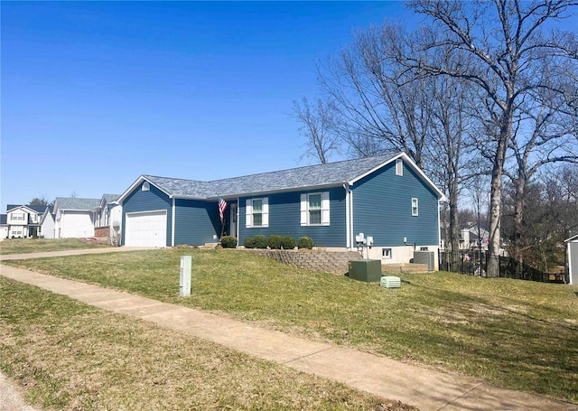 ranch-style house with cooling unit, driveway, a front yard, and an attached garage