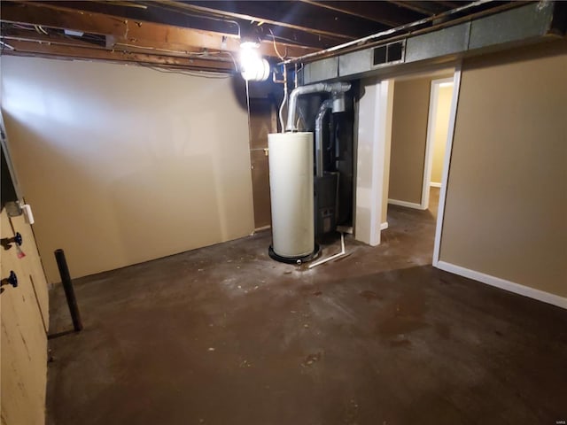 unfinished basement featuring gas water heater and visible vents