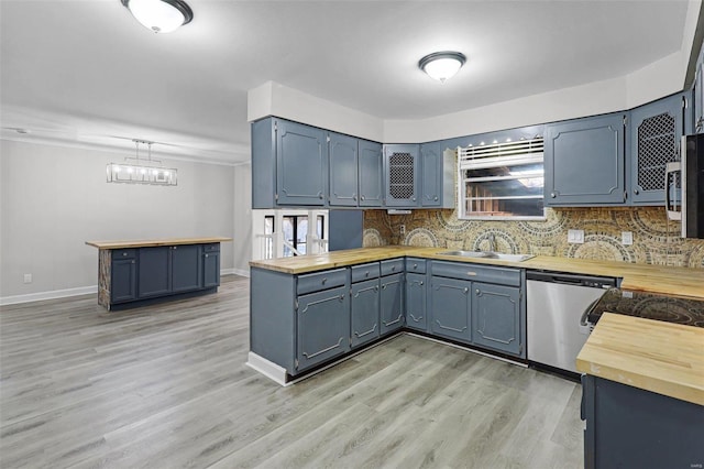 kitchen featuring a peninsula, butcher block countertops, a sink, and appliances with stainless steel finishes