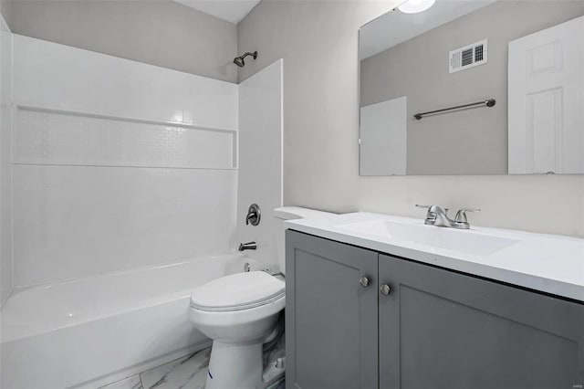 full bathroom featuring visible vents, toilet, marble finish floor, bathtub / shower combination, and vanity