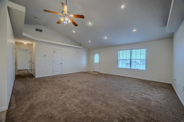 unfurnished room featuring visible vents, baseboards, carpet, high vaulted ceiling, and recessed lighting