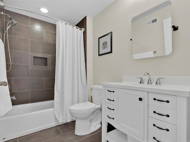 full bathroom with shower / bathtub combination with curtain, visible vents, vanity, and toilet