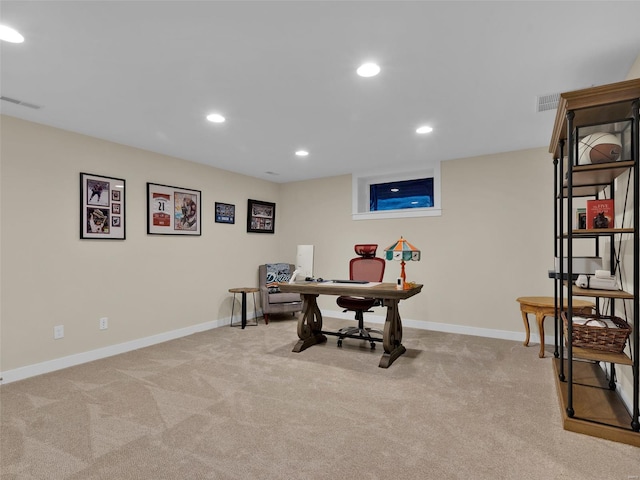 carpeted office featuring baseboards, visible vents, and recessed lighting