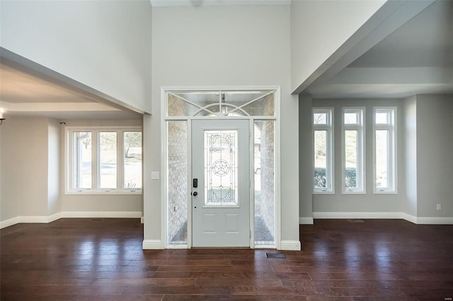 foyer with wood finished floors, baseboards, and a towering ceiling