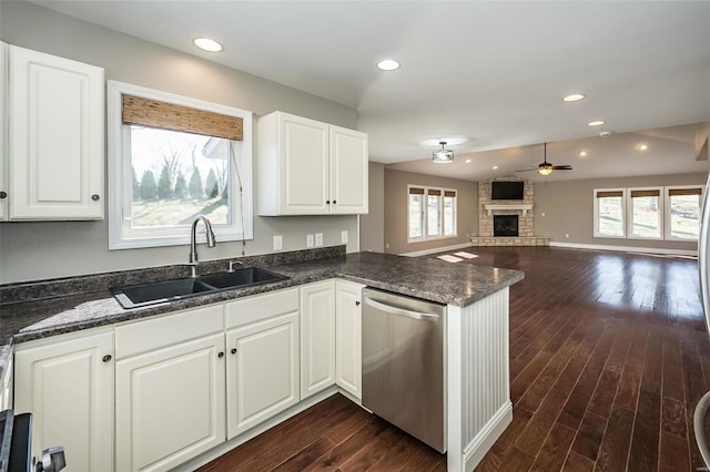 kitchen with dishwasher, a fireplace, a wealth of natural light, and a sink