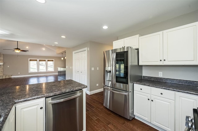 kitchen featuring recessed lighting, ceiling fan, stainless steel appliances, dark wood-type flooring, and white cabinets