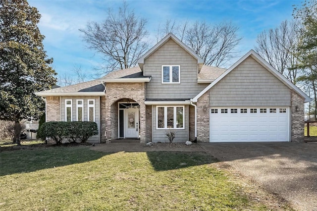 view of front of home featuring a garage, brick siding, concrete driveway, and a front yard