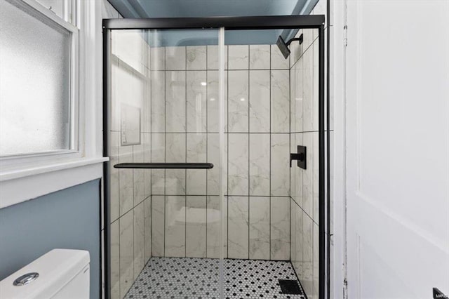 bathroom featuring a shower stall and toilet